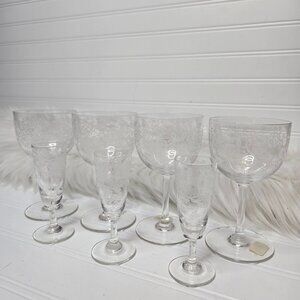 Vintage Etched Floral Set Of 7 Short Stemmed Dessert (4 Wine 3 Cordial) Glasses